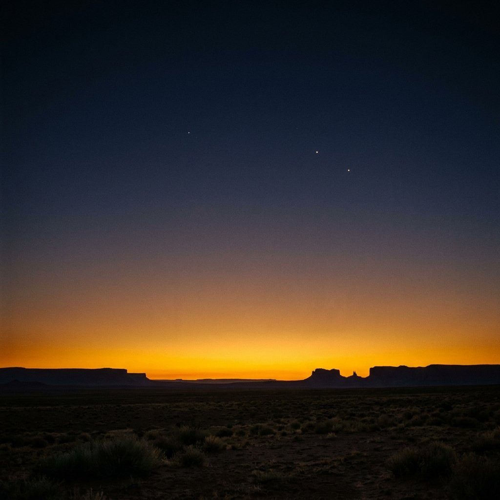Wide pre-dawn sky, thin gold horizon, deep indigo above