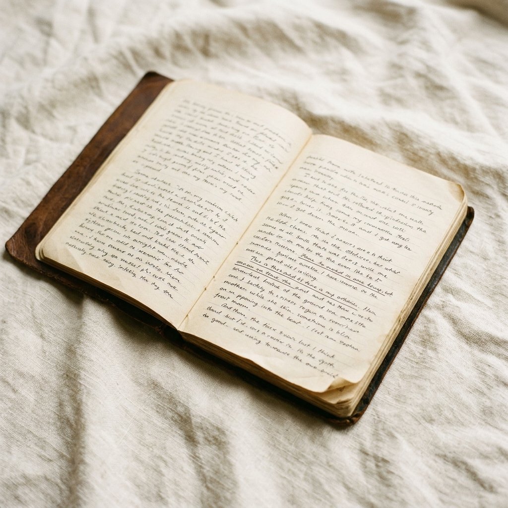 Open journal on a pale linen surface, handwritten notes, soft diffused light